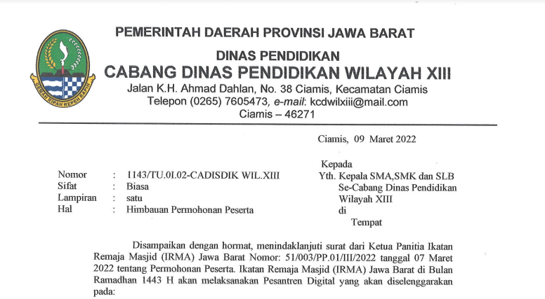Surat Pemberitahuan Permohonan Peserta IRMA Jawa Barat Perihal Pelaksanaan Pesantren Digital